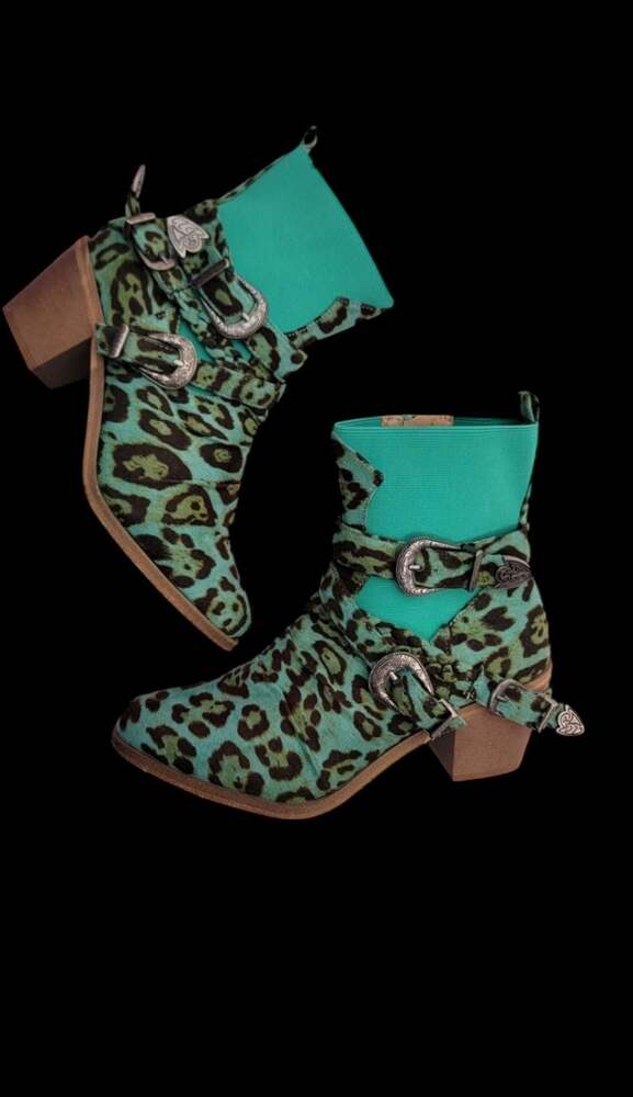 Lucky & Blessed Teal Leopard Print Ankle Boots with Fringe